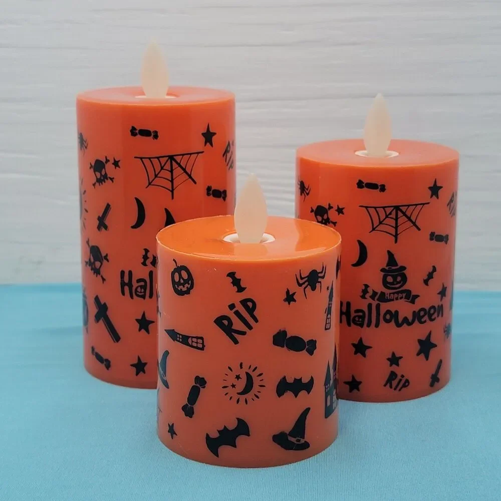 Halloween Flameless Candles Set of 3 Flickering LED Battery Orange 3-4.5